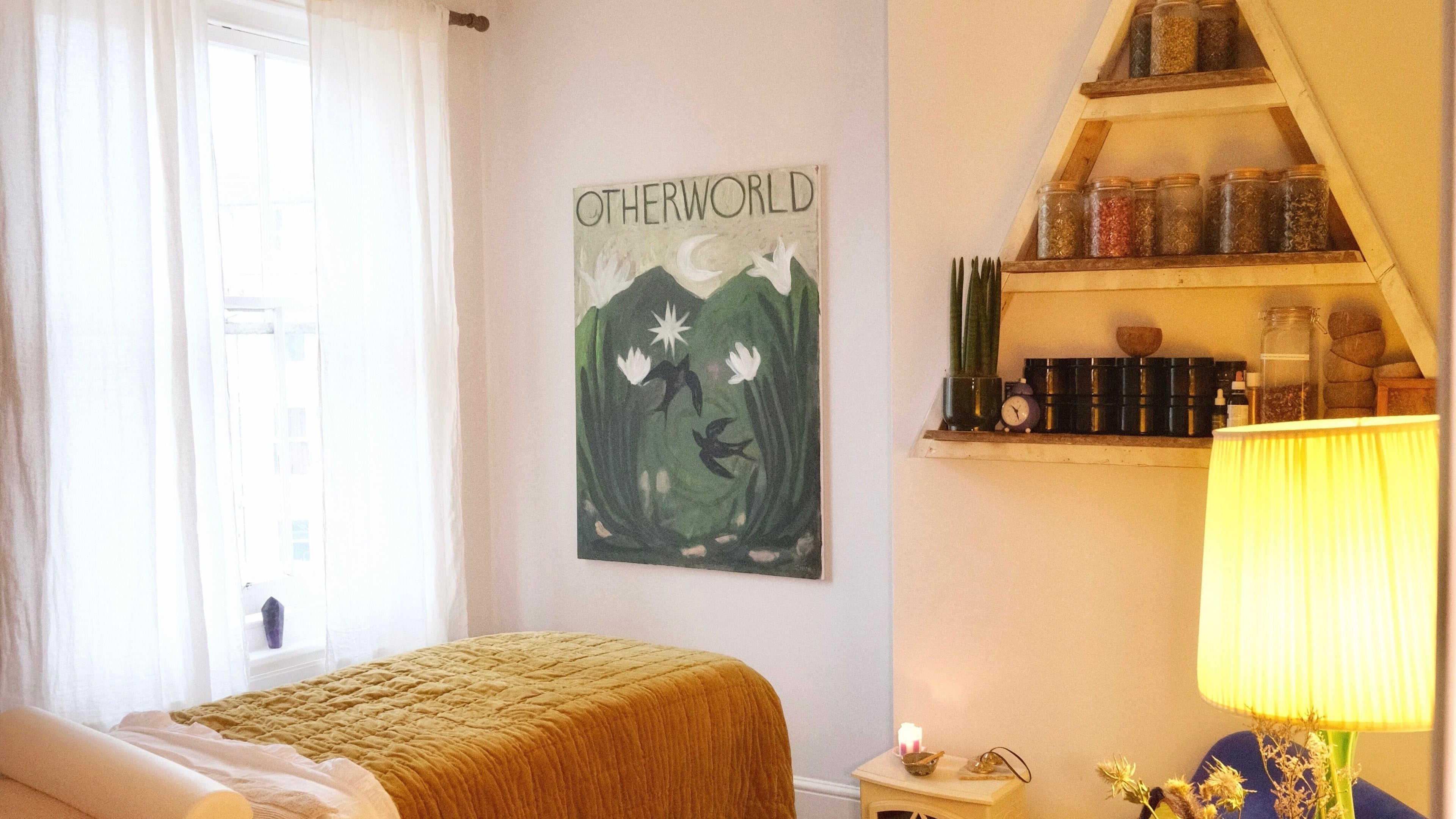 Relaxing therapy room at Spell Holistic in Saint Leonards, England, GB with calming decor and soft lighting.