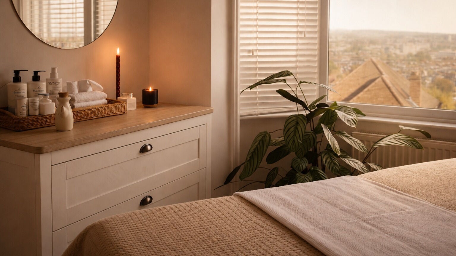 Cozy treatment room at North Island Facials and Massage, Exeter, England, GB with candles and soft colors.