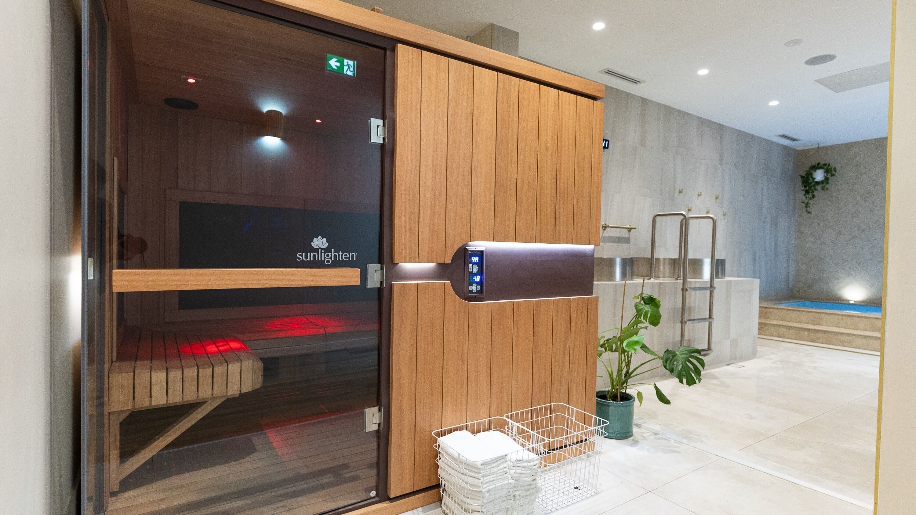 Luxurious sauna at Sóma Bathhouse in Melbourne, Victoria, AU, offering relaxation and rejuvenation.