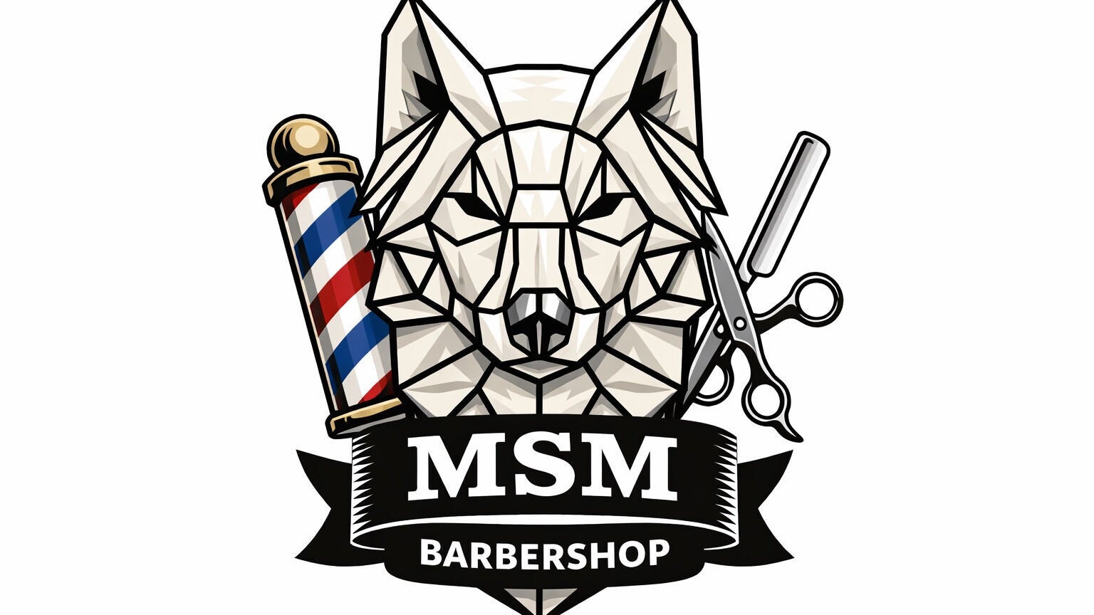 شعار Barber msm في Sint-pieters-leeuw، Région Flamande، BE: رمزية الذئب مع أداة الحلاقة والمقص.