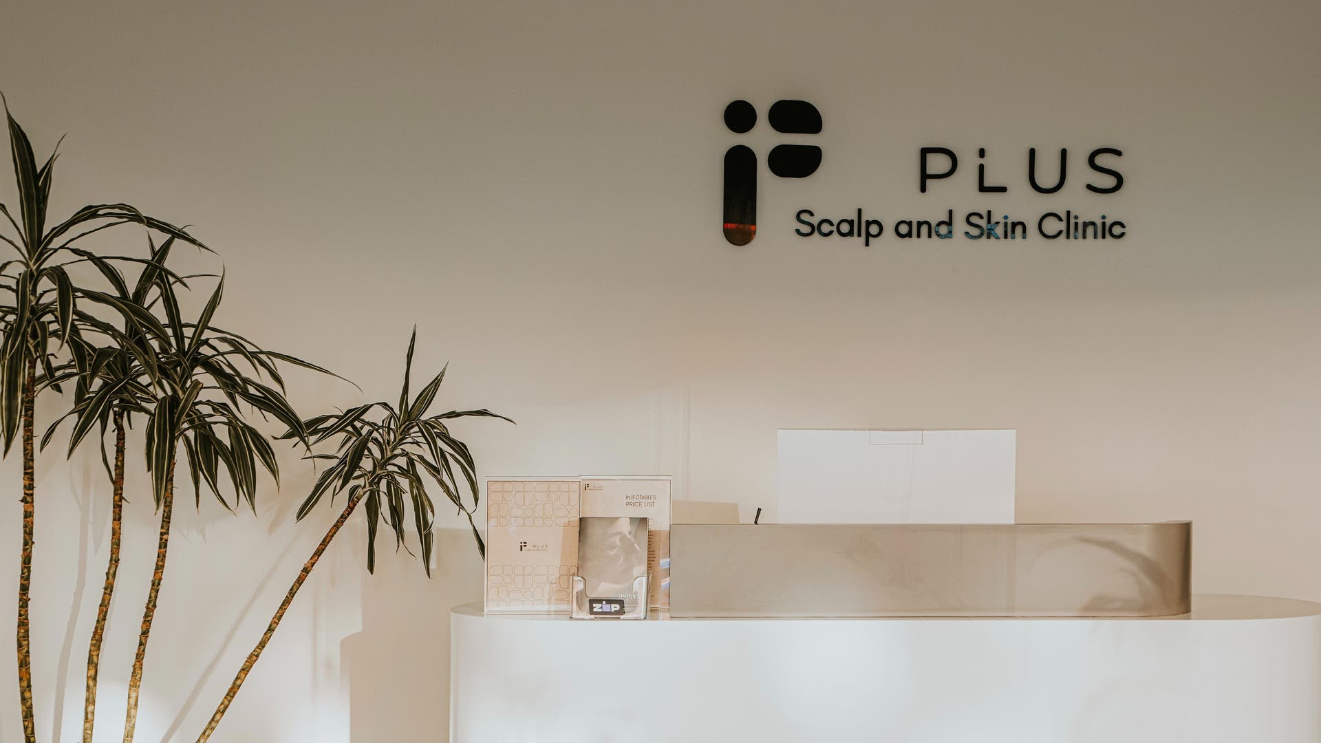 Reception area of Plus Scalp and Skin clinic, Malvern VIC, Victoria with elegant decor.