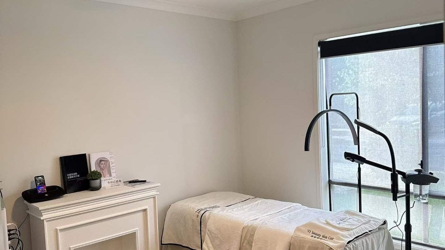 Relaxing treatment room at V.J Beauty Skin & Body, Melbourne, Victoria, AU with bed and soft lighting.