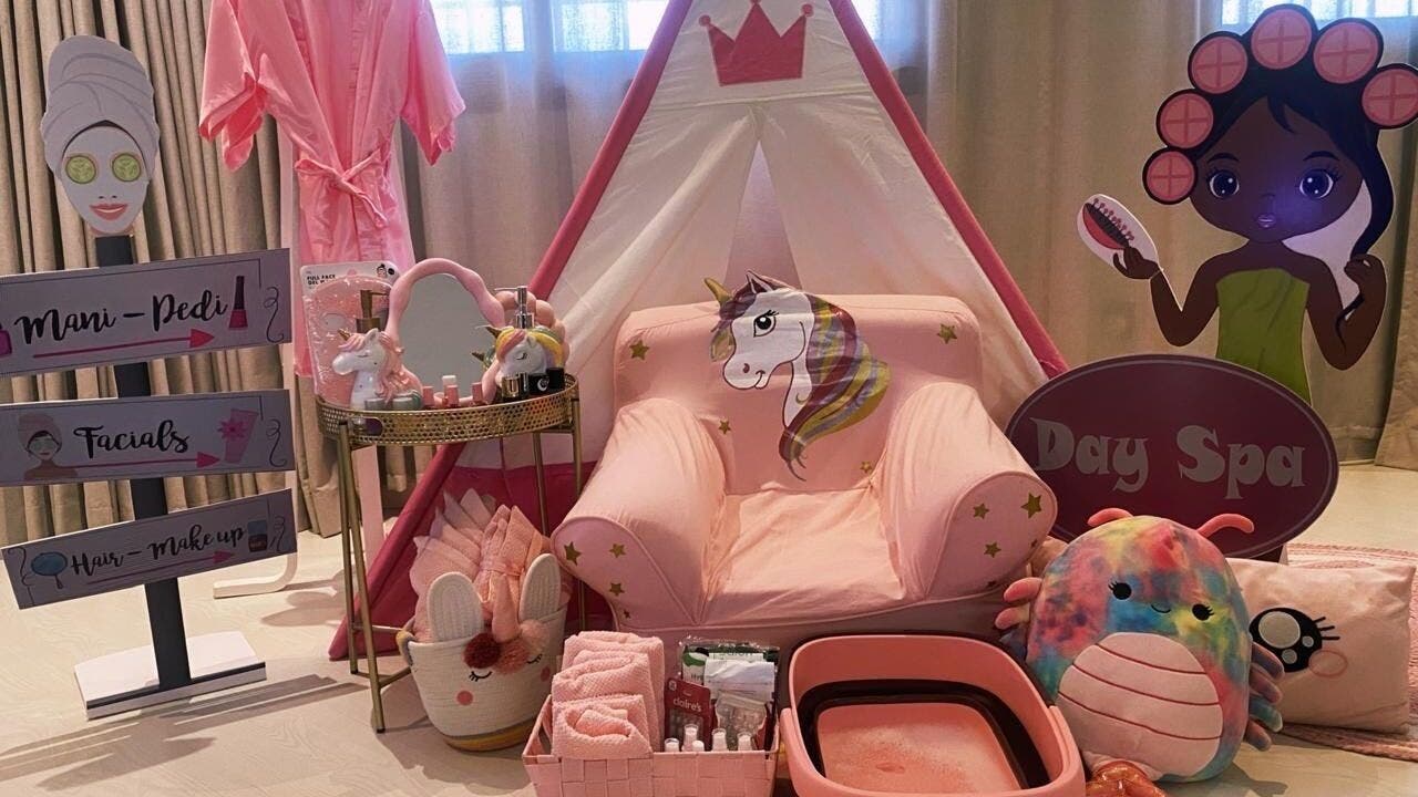 Whimsical spa setup at Naia Beauty, Riyadh. Features pink unicorn chair and day spa decor. Perfect for pampering sessions.