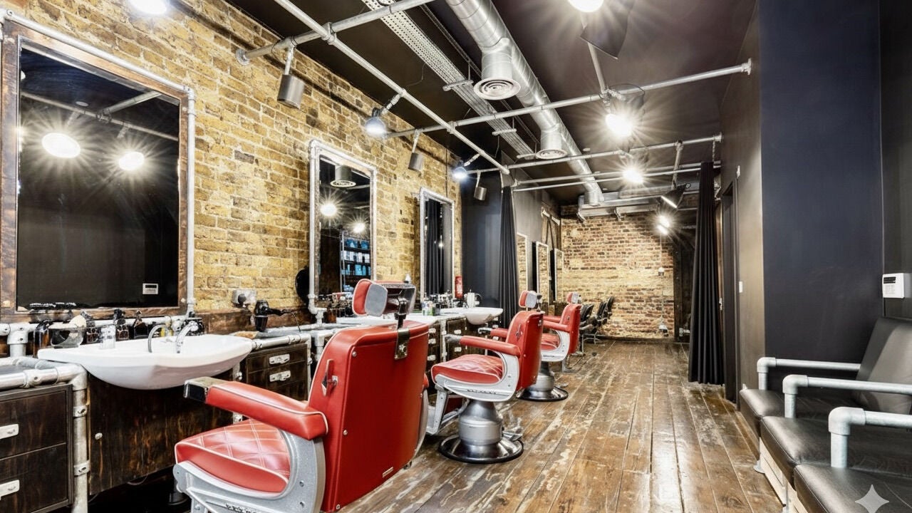 Modern salon interior at Jay & Meira Hair Studio, showcasing vintage red chairs and exposed brick walls in London, England, GB.
