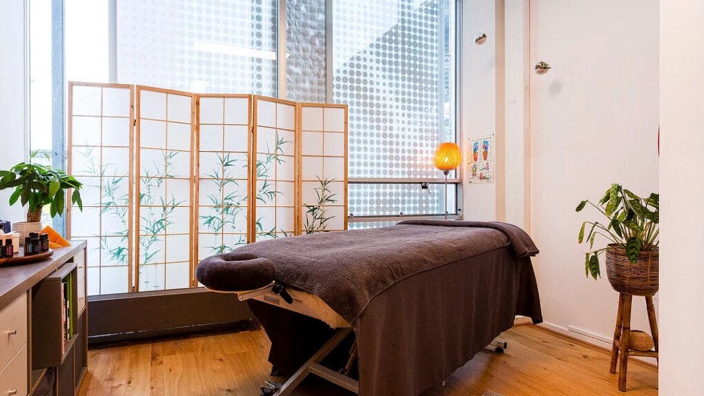 Tranquil massage room at Equilibrium Massage Therapy, Amsterdam, Noord-Holland, NL with soft lighting and plants.