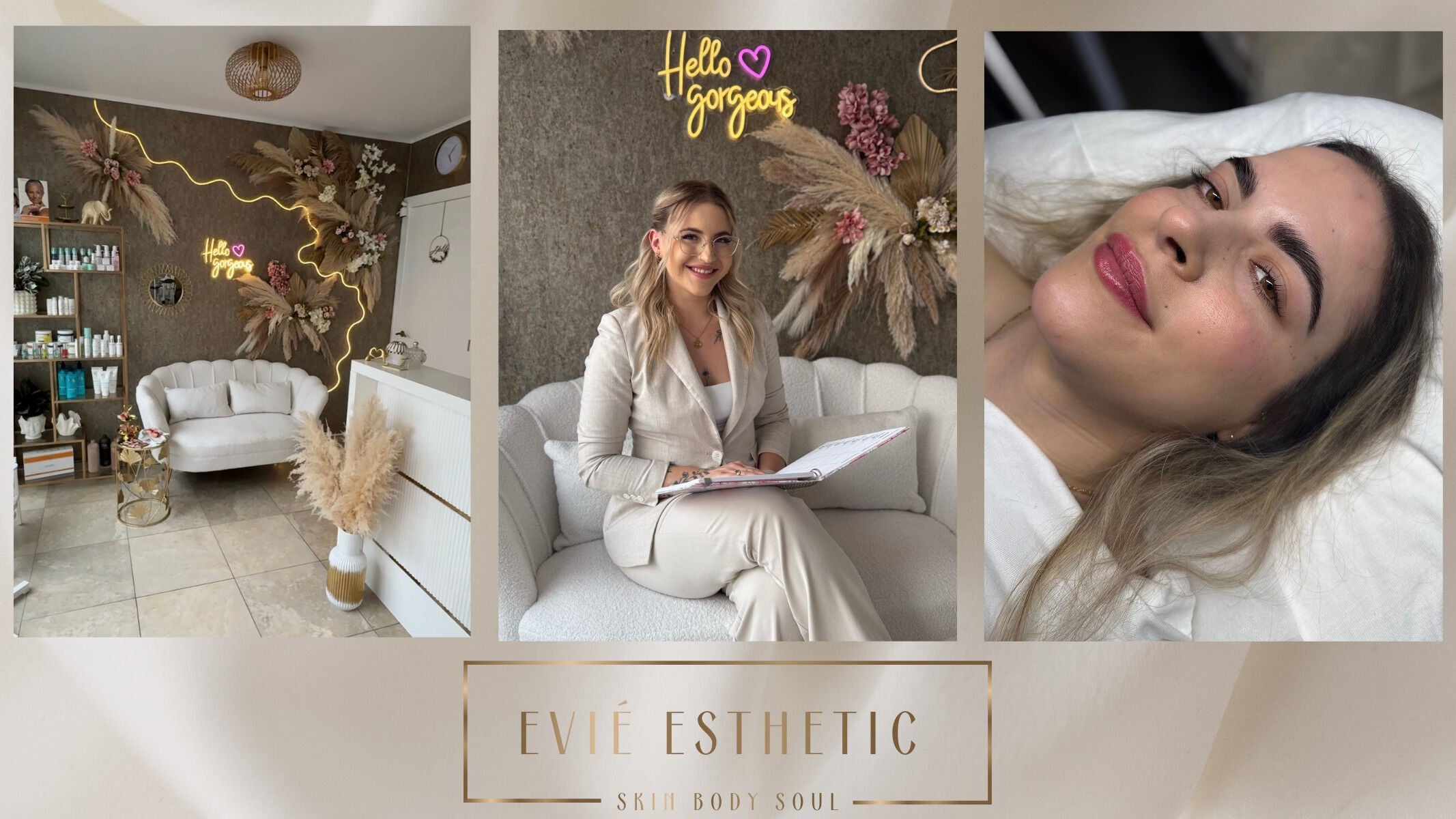 Elegant interior of Evié Esthetic in Turnhout, Vlaanderen, BE with cozy seating and chic floral decor.