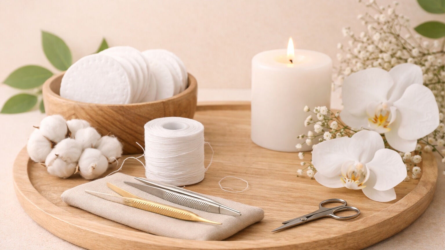 Savi Beauty London, England, GB - serene spa setup with candle, cotton, and orchids for a calming wellness experience.