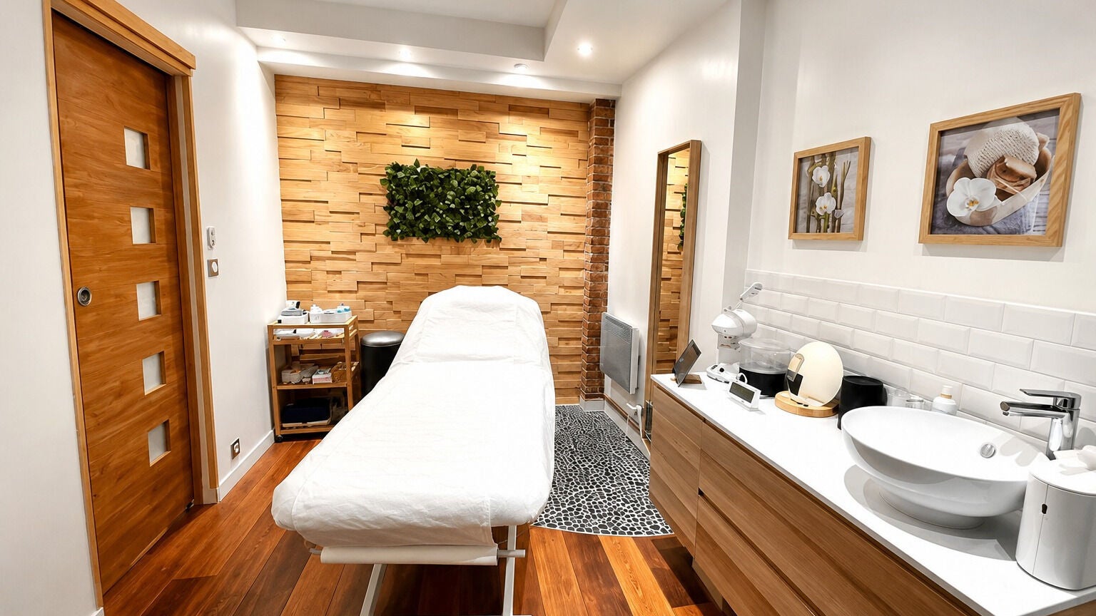Salle de soin élégante chez Beauté-Lo à Paris, Île-de-France, FR avec mur en bois et décor moderne.