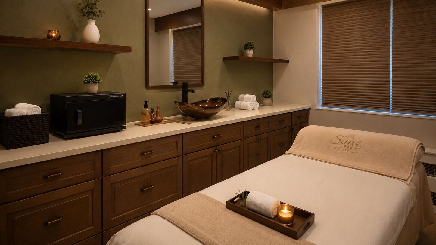 Relaxing treatment room at Suné Wellness Spa in New York, New York, US, featuring warm tones and plush amenities.