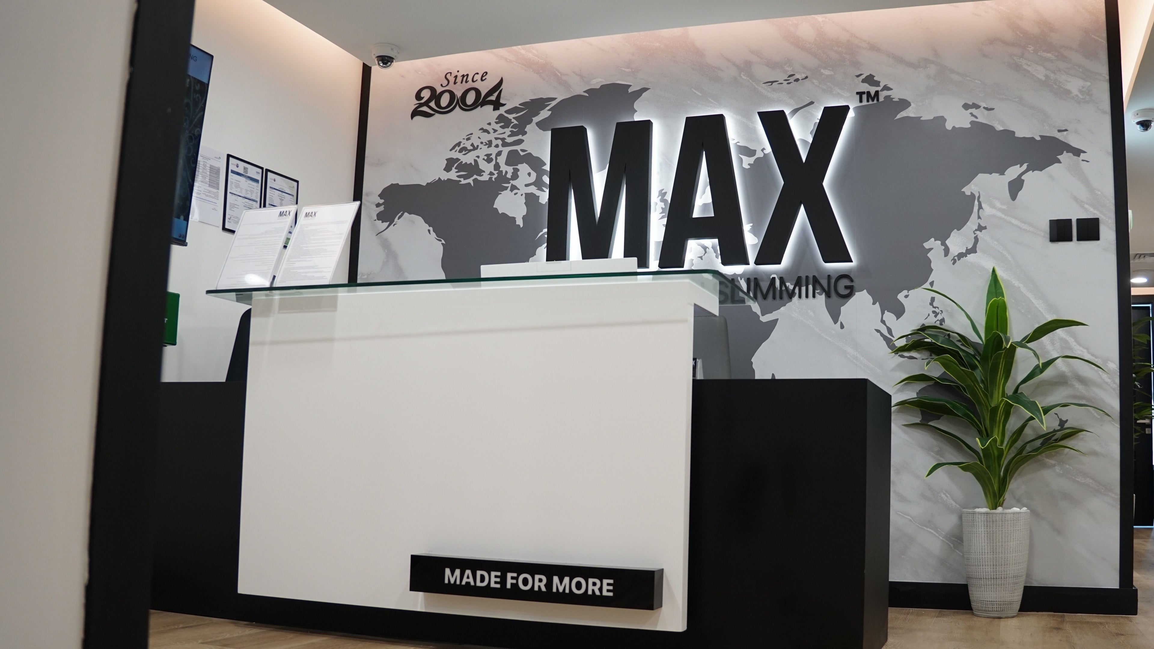 Reception desk at MaxCore Poly Clinic, Dubai, Dubai, AE with world map decor and potted plant.