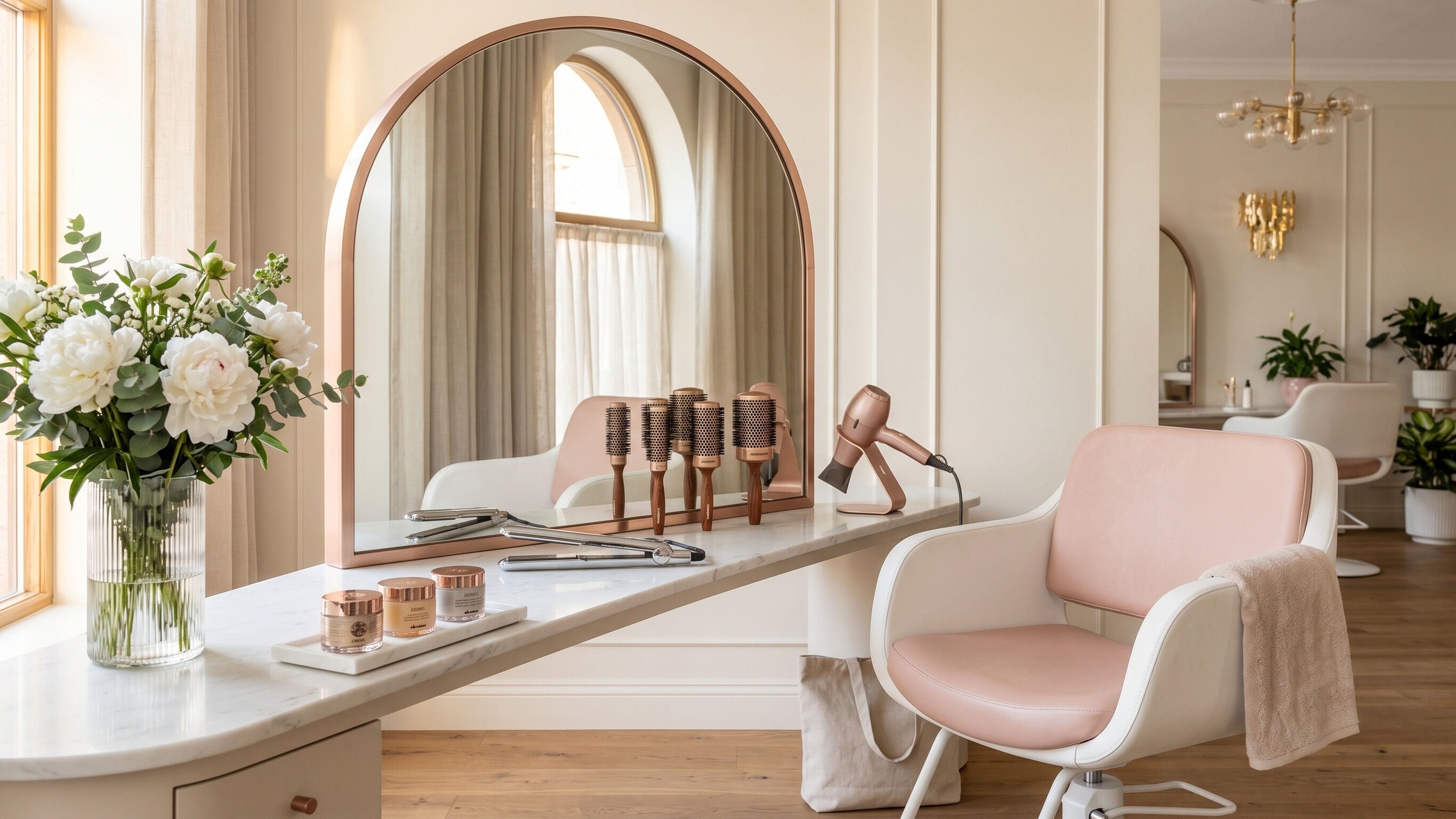 Chic stylist station at Princess Hair and Nails Spa in Santa Ana, California, US with tools and decor.