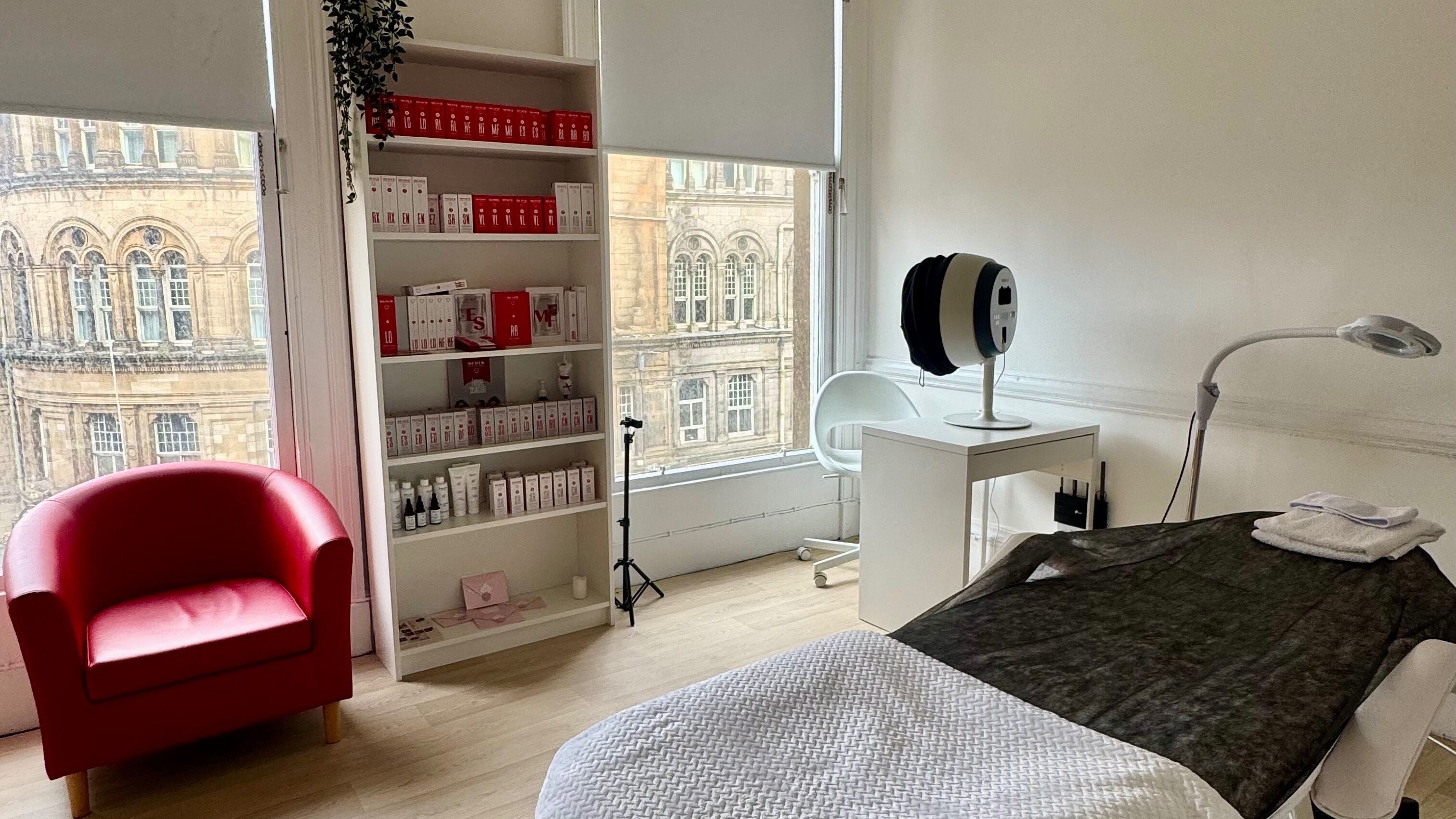 Bright treatment room at Anna Kruhlyk | Facial & Skin Expert in Glasgow, Scotland, GB, featuring skincare products.