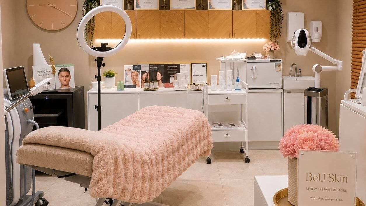 Calming treatment room at BeU Skin and Cosmetics, Melbourne, Victoria, AU, featuring luxury skincare setup.
