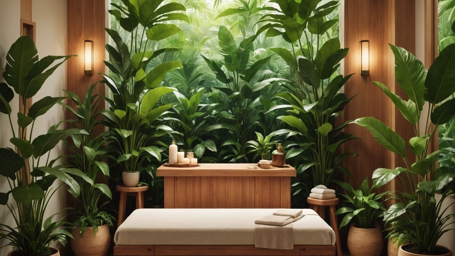 Serene spa room with lush plants at Body Soul Emporium, Melbourne, Victoria, AU.