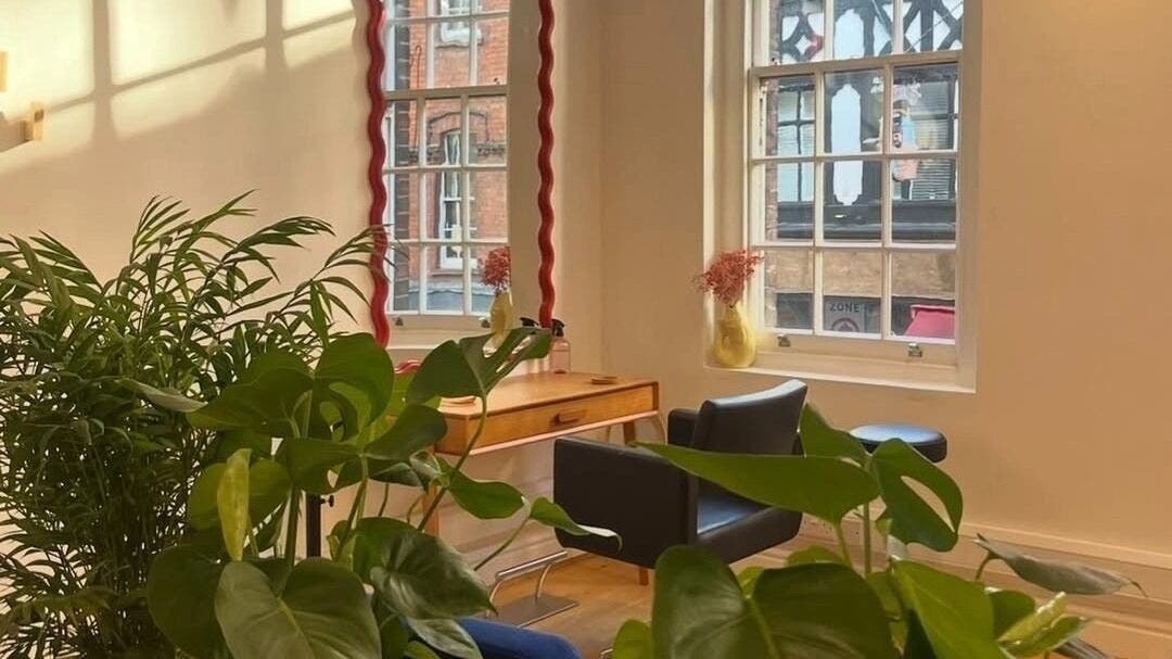 Chic interior of Ruairí Hair, London, England, GB with modern decor and lush plants by sunny windows.