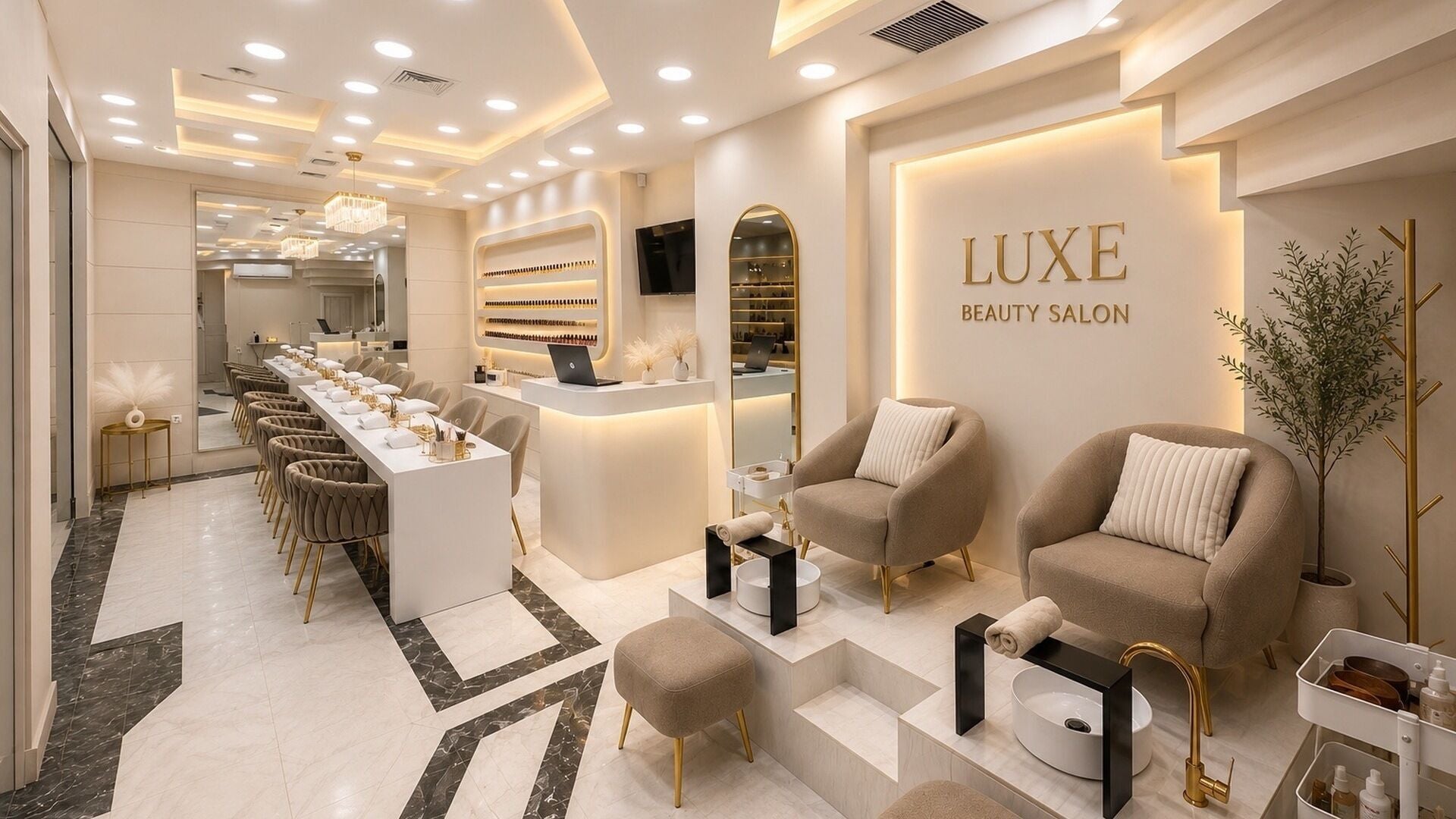 Κομψό και σύγχρονο εσωτερικό του Luxe Beauty Salon στην Αθήνα, GR με πολυτελείς καρέκλες και φωτισμό.