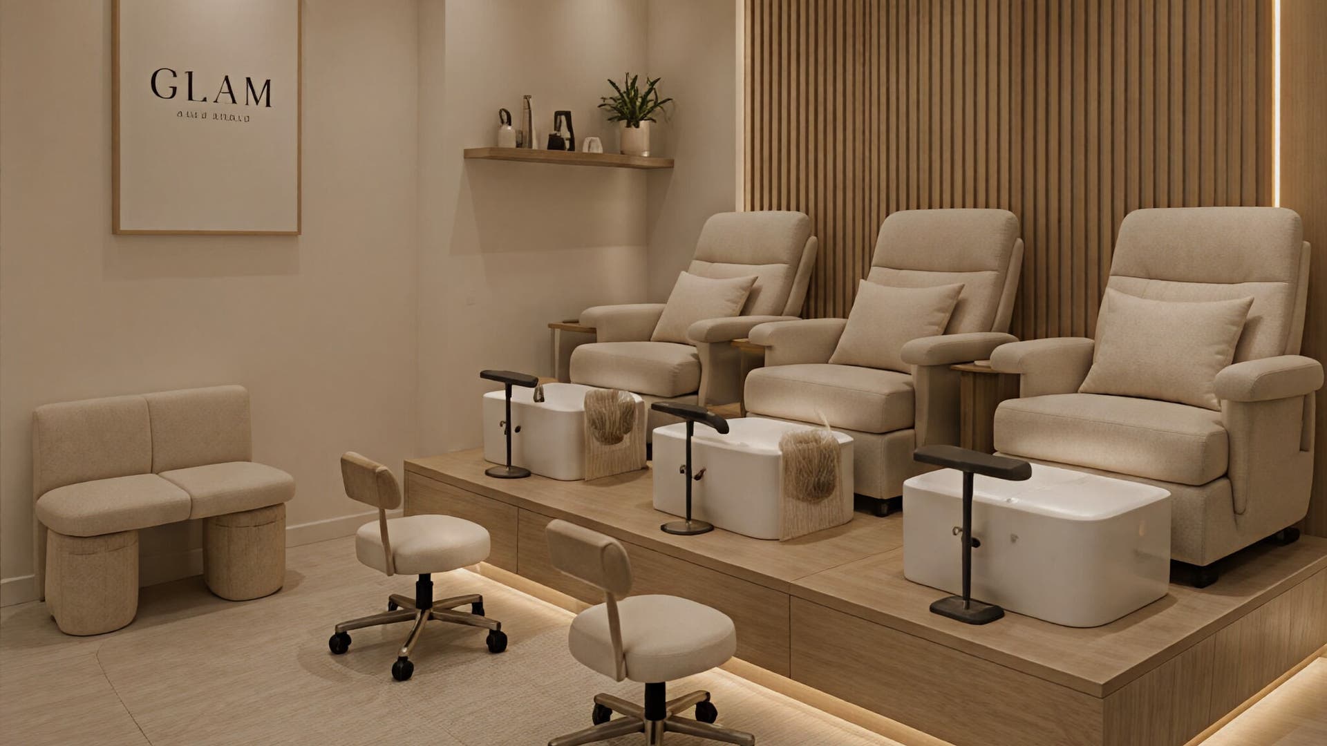 Área de pedicure do GLAM nail studio, Casal De Cambra, Lisboa, PT, com poltronas acolhedoras e design moderno.