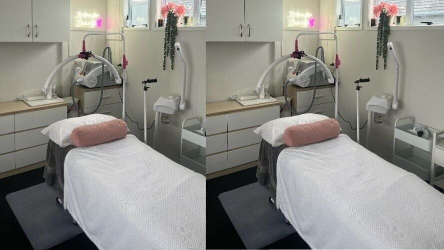 Tranquil treatment room at Hayley Maree's Beauty Howick, Auckland, NZ, featuring a cozy bed and aesthetic tools.