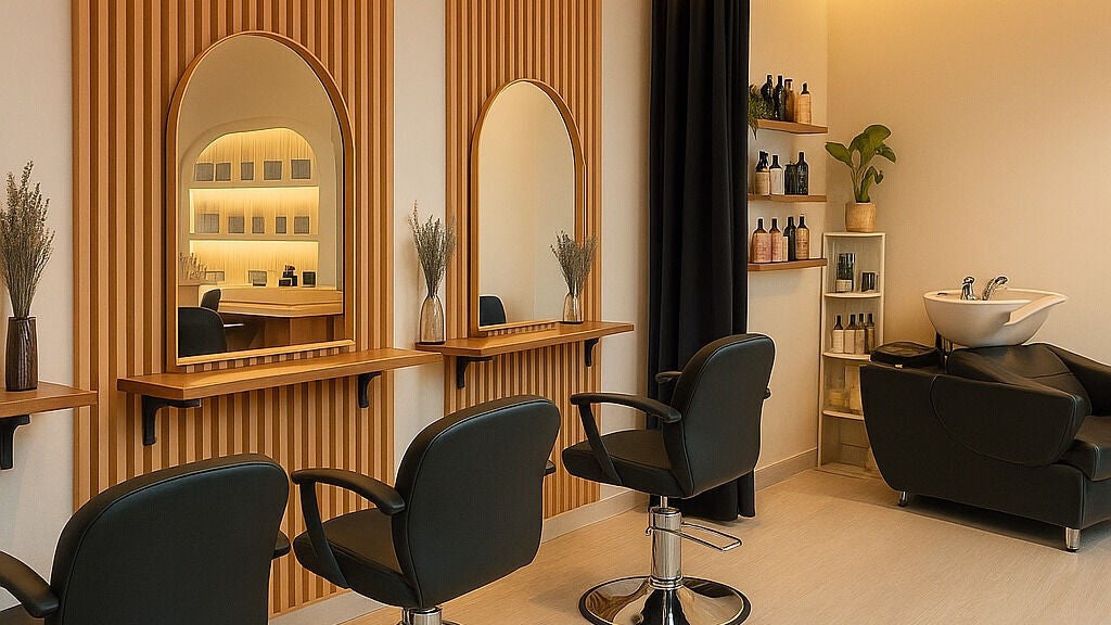 Elegant salon interior at The Hair Spa in Sharjah, AE, featuring stylish chairs and mirrors.
