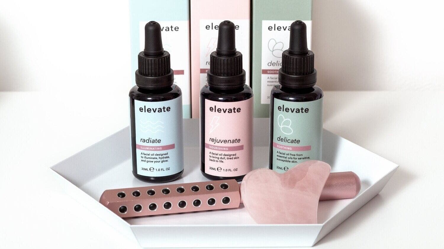 Elevate beauty oils and tools on display at Elevate, Glasgow, Scotland, GB. Perfect for skincare routines.