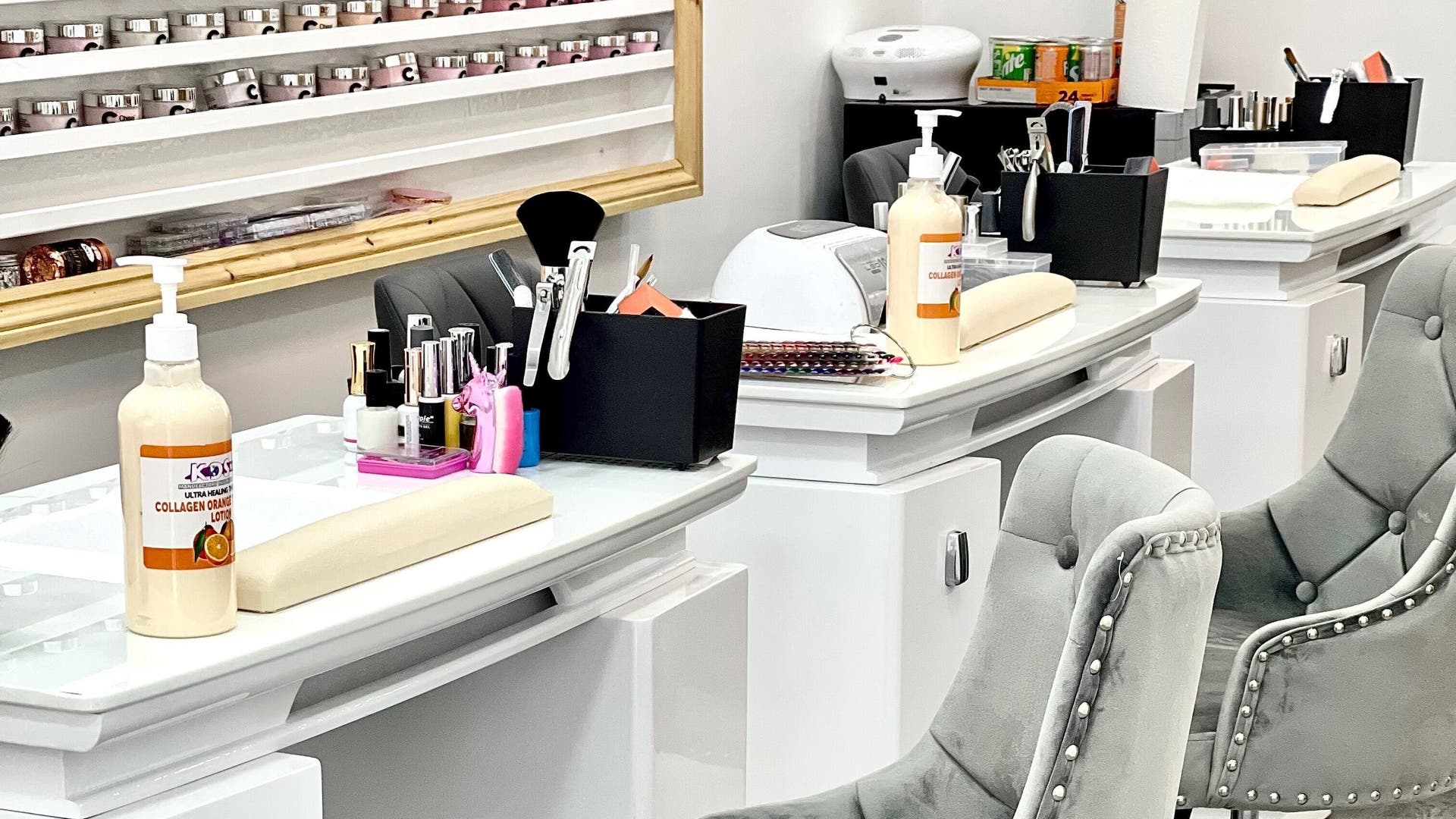 Elegant nail workstation at Pro Nails, London, England, GB, featuring tools and plush chair.