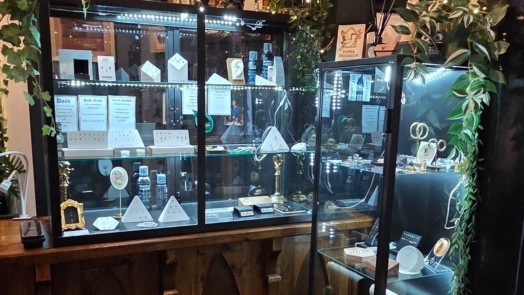 Elegant jewelry display at Black Abbey | Fiona Thomson Tattooing and Piercing, Glasgow, Scotland, GB.