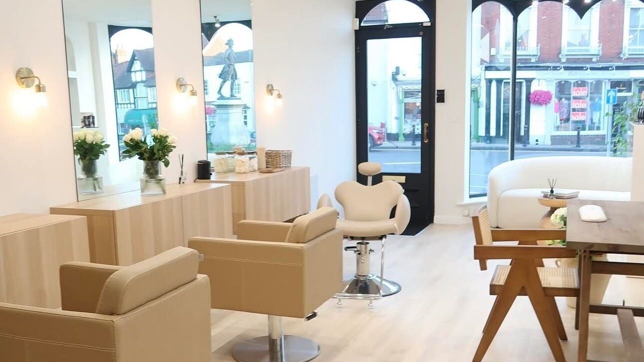 Modern beauty salon interior at WESTERHAM, Kent, England, GB with stylish decor and comfortable seating.