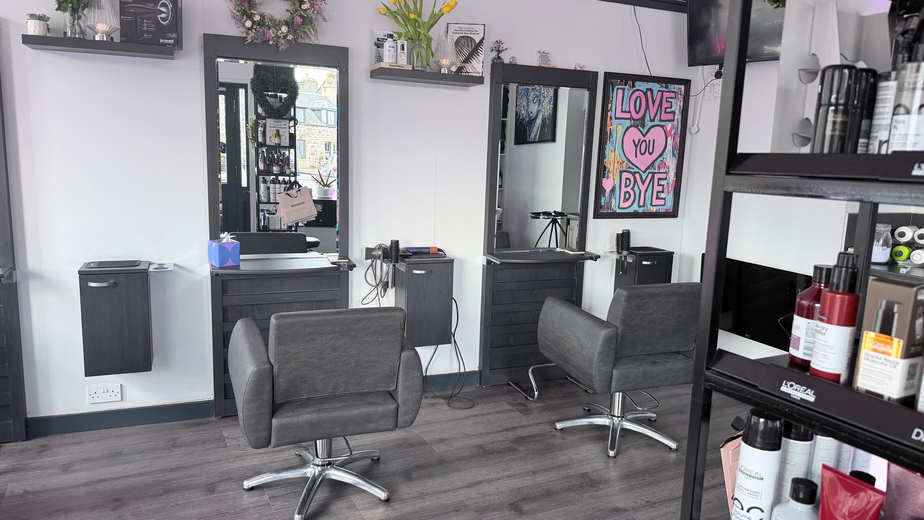Stylish salon interior at House of Hair Inverness 💜 showcasing modern decor and beauty products in Inverness, Scotland, GB.