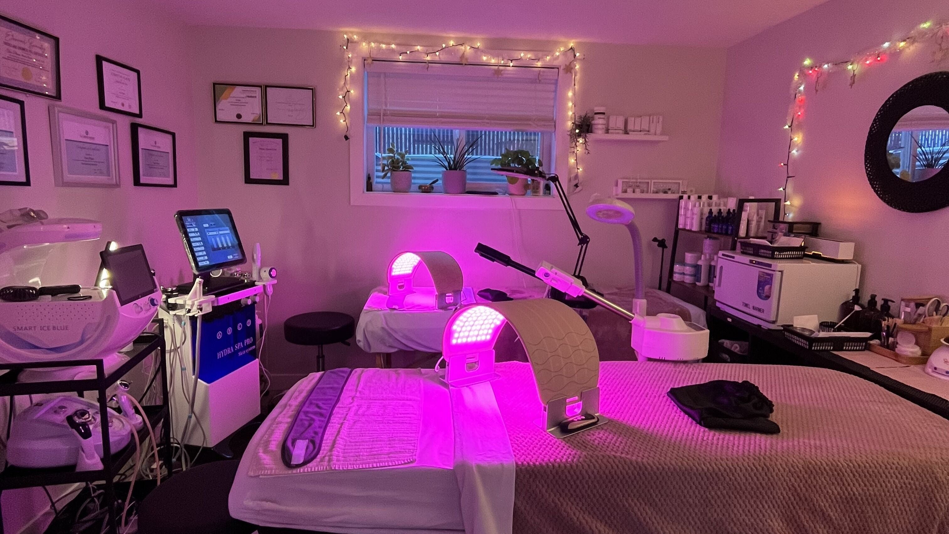 LED therapy setup at Skin4Life Beauty Bar, Calgary, Alberta, CA, showcasing advanced skincare equipment.