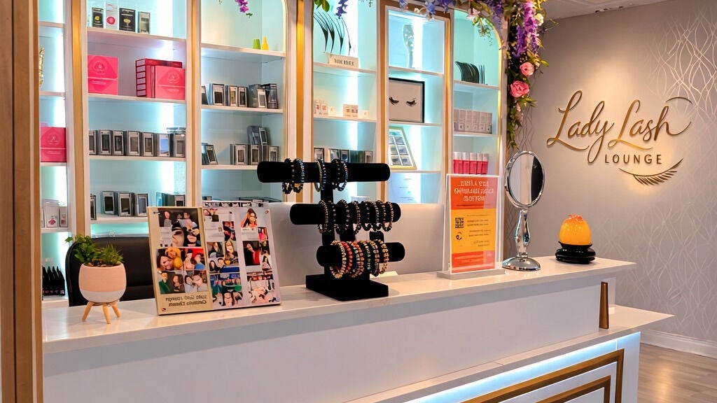 Elegant counter at Lady Lash Lounge 1 in Santa Clara, California displaying beauty products and decor.