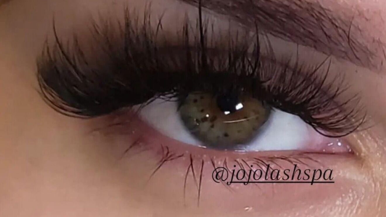 Close-up of expertly applied eyelash extensions at Jojo Lash Spa, Warren, New Jersey, US.