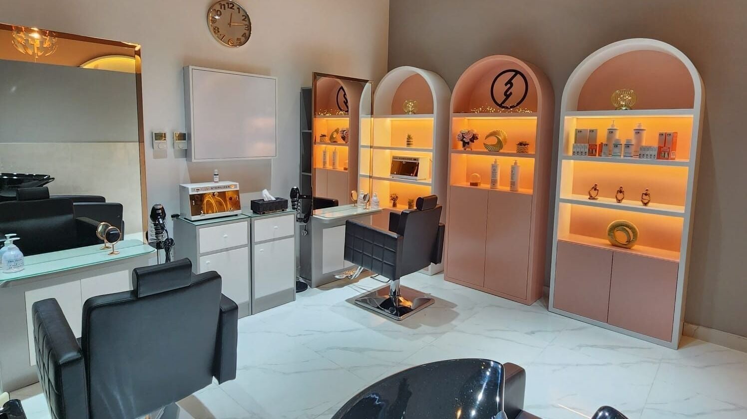 Chic styling area at Hype Ladies Salon - Karama Branch, Dubai, AE, showcasing modern beauty stations.