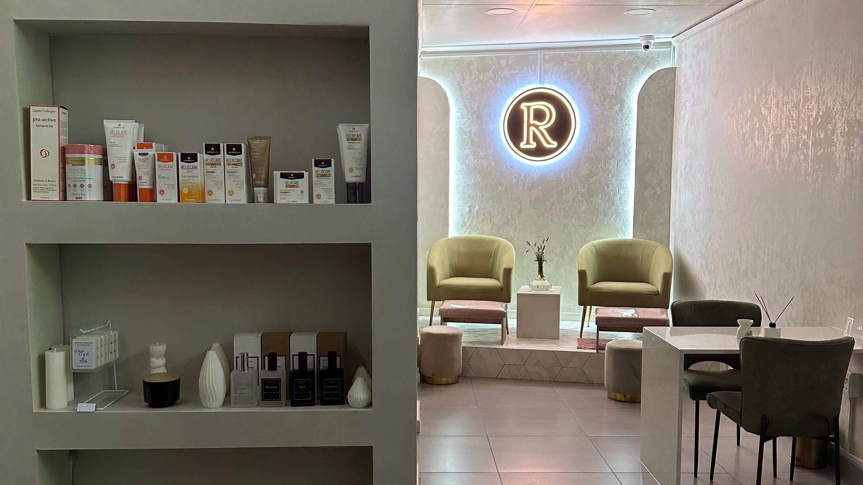 Elegant lounge seating and beauty products at Rosewood Beauty in Centurion, Gauteng, ZA.