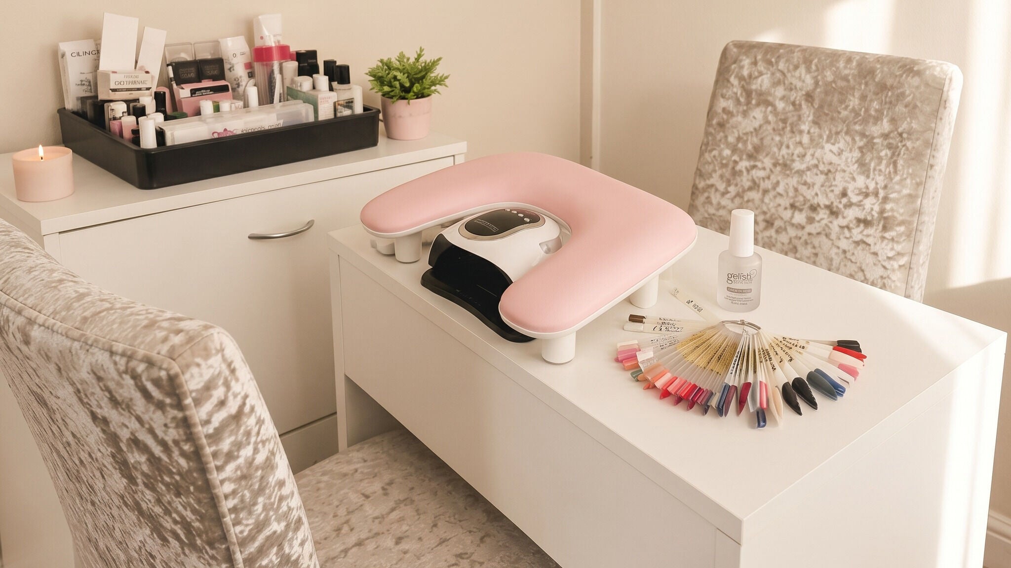 Manicure station at KG Gloss Nails in Gravesend, England, GB featuring polish samples and a soothing ambiance.