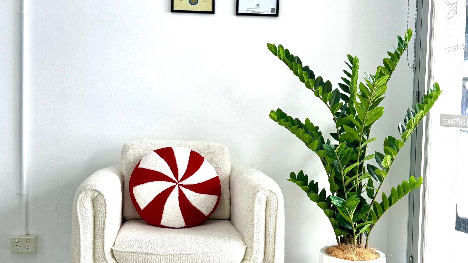Inviting chair with red pillow at Rejuvenate Hair and Skin, Moonee Ponds, Victoria, AU.
