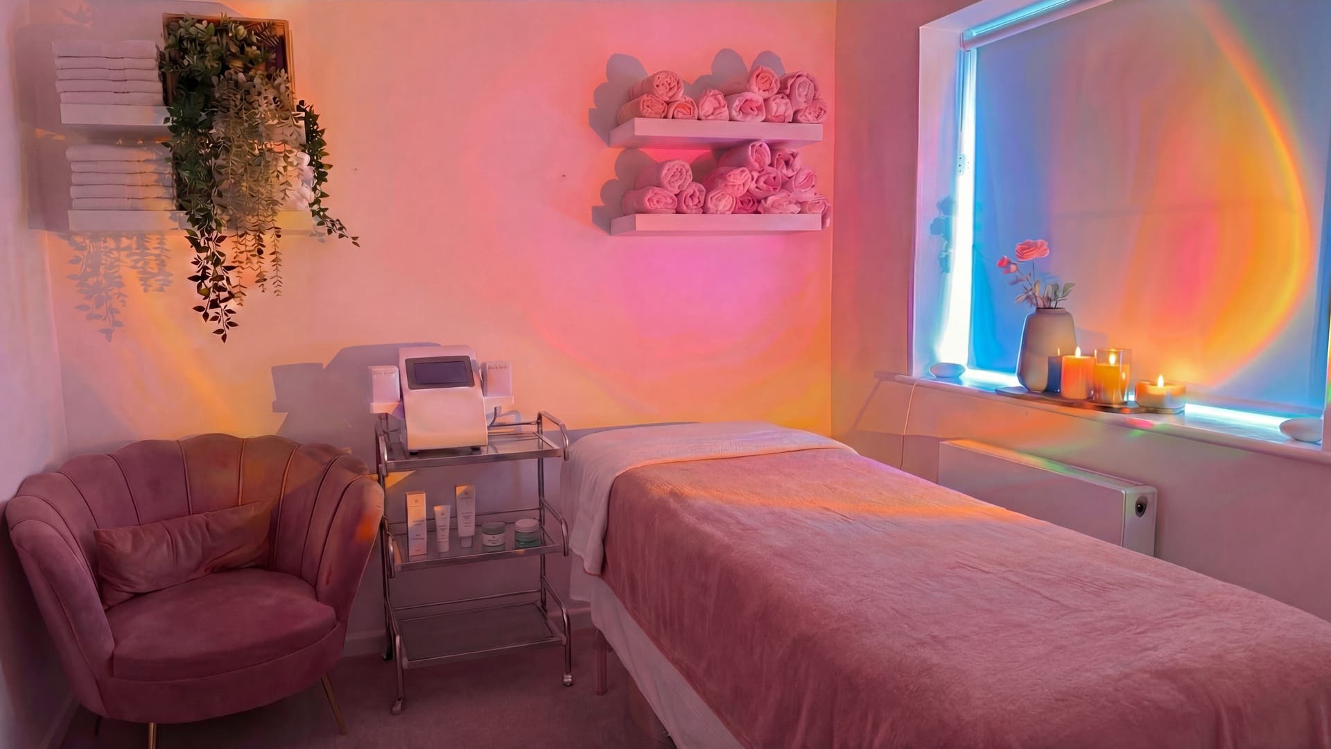 Relaxing treatment room at Club Love Yourself in London, England, GB with soft lighting and plush seating.