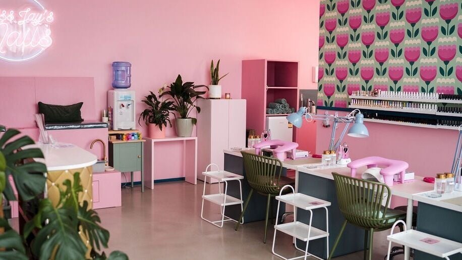 Bright, stylish interior of Miss Jay's Nails - Footscray, Melbourne, Victoria, AU, featuring pink decor.