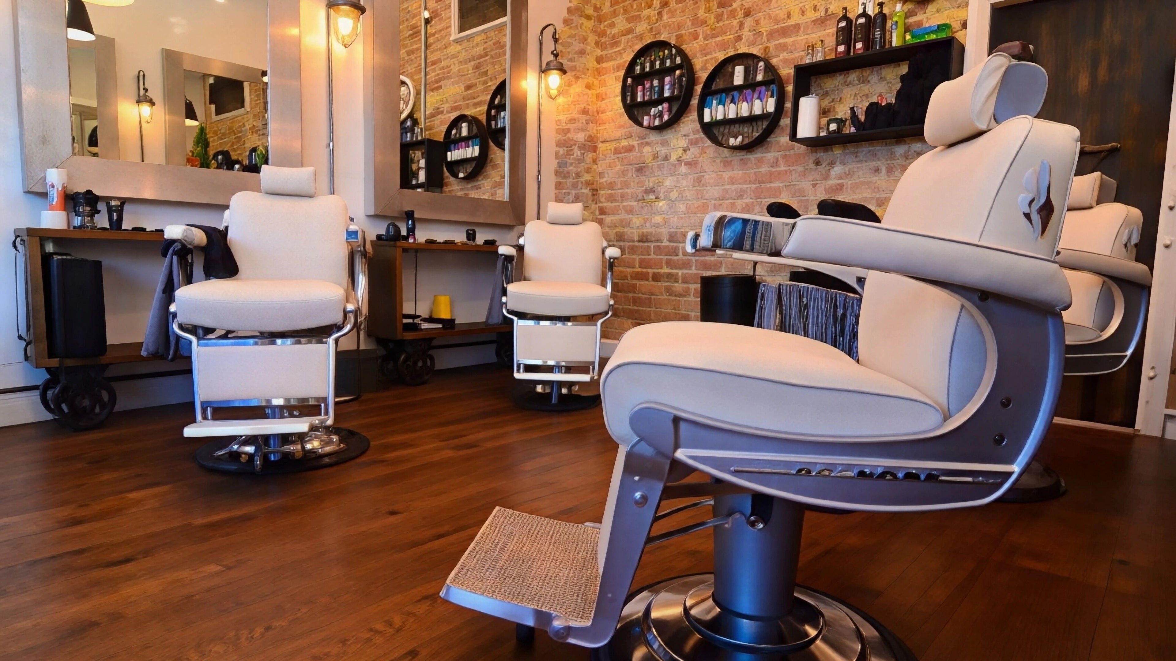 Interior of Mr Carlisle Barbers in Melbourne, Victoria, AU. Cozy chairs and stylish decor highlight the modern style.