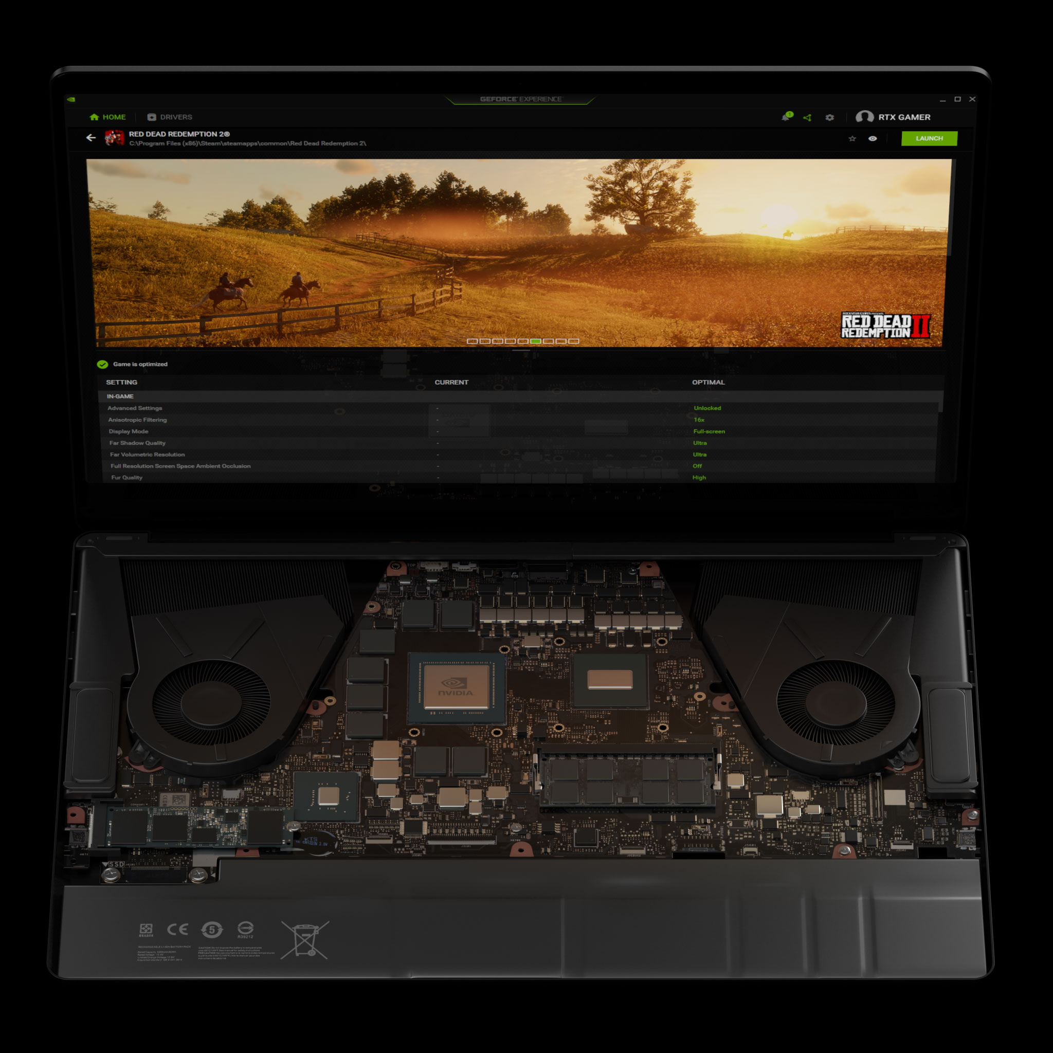 GeForce-kannettava, jolla on Max-Q:n optimaaliset pelattavat asetukset GeForce Experiencen Red Dead Redemption 2:ssa