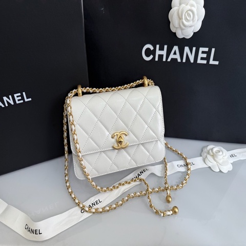 「M.Y精品」 Chanel 雙金球 19cm  金球調節鏈 雙金珠 24C  蠟牛皮 方胖 晶片款