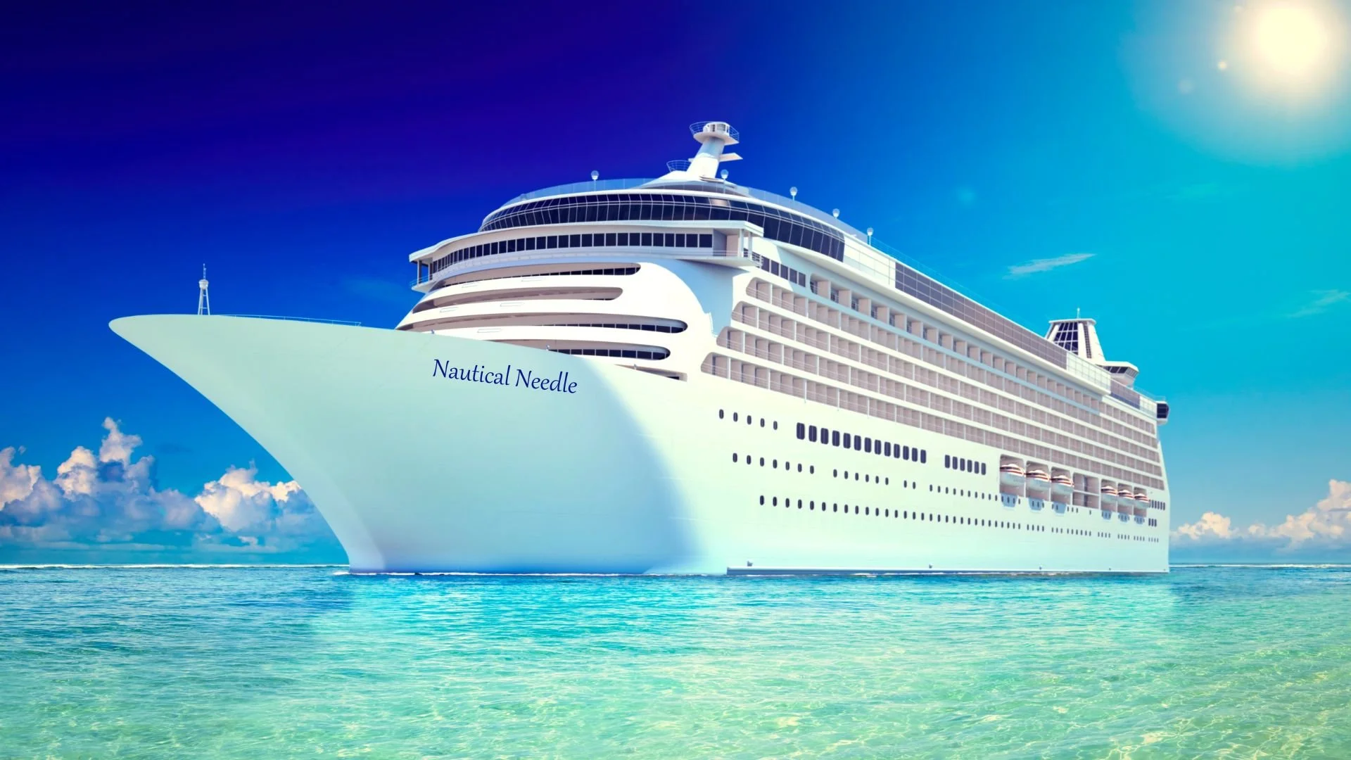 A large white cruise ship named 'Nautical Needle' sailing on clear blue ocean water with a bright sky overhead.