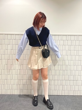 「one after another NICE CLAUP(ワンアフターアナザーナイスクラップ)のエンブレム付き厚底ローファー(シューズ、ブラック系)」を使った、mayuさん(レディース・160cm)の夏コーディネート