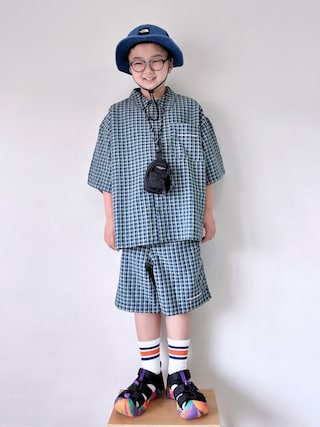 「PAIRMANON STREET(ペアマノンストリート)の【90-160cm】サッカーチェック オーバーサイズ 半袖シャツ【PAIRMANON STREET】(シャツ/ブラウス)」を使った、yo_yoさん(キッズ・130cm)の春コーディネート