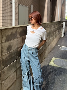 「MURUA（ムルーア）のアイテム（デニムパンツ）」を使った、宇田川優香さん（レディース・163cm）の夏コーディネート