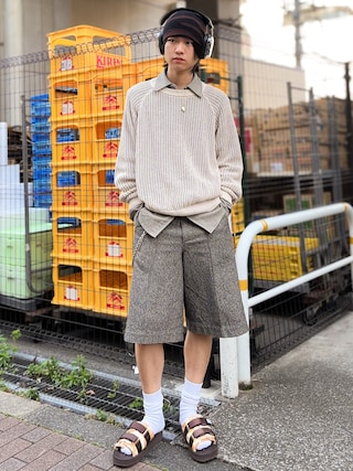 「my beautiful landlet(マイビューティフルランドレット)の【my beautiful landlet】COTTON TWEED WIDE SHORT PANTS(その他パンツ)」を使った、soshunさん(メンズ・169cm)の春コーディネート
