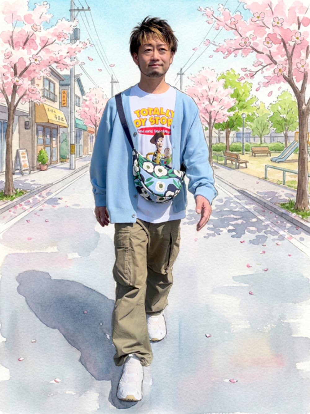 ホワイト系のスニーカー、ホワイト系のTシャツ/カットソー、ブルー系のカーディガン/ボレロを着用したメンズの春コーディネートの1枚目の写真