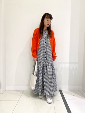 「SENSE OF PLACE by URBAN RESEARCH(センスオブプレイスバイアーバンリサーチ)のギンガムチェックワンピース(5分袖)(ワンピース、ブラック系)」を使った、アイさん(レディース・157cm)の春コーディネート
