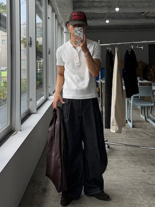 「SINSS(シンス)のCompact rib henley HS T-shirt / コンパクトリブヘンリーショートスリーブTシャツ(Tシャツ/カットソー)」を使った、ひびさん(メンズ・168cm)の夏コーディネート