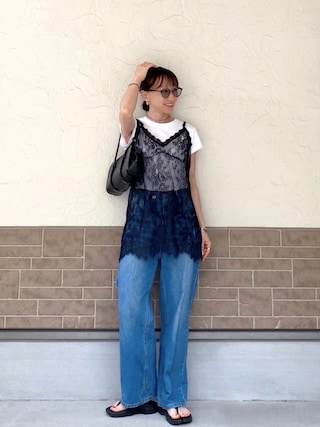 「GeeRA(ジーラ)の美脚見え!2ボタンウエストワイドデニムパンツ(デニムパンツ)」を使った、SIZUさん(レディース・156cm)の春コーディネート