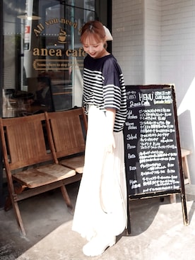 ありすさんの「ラフにキマる大人スタイル。オーガニックコットン100%オーバーサイズパネルボーダーTシャツ(半袖)（classicalelf | クラシカルエルフ）」を使ったコーディネート